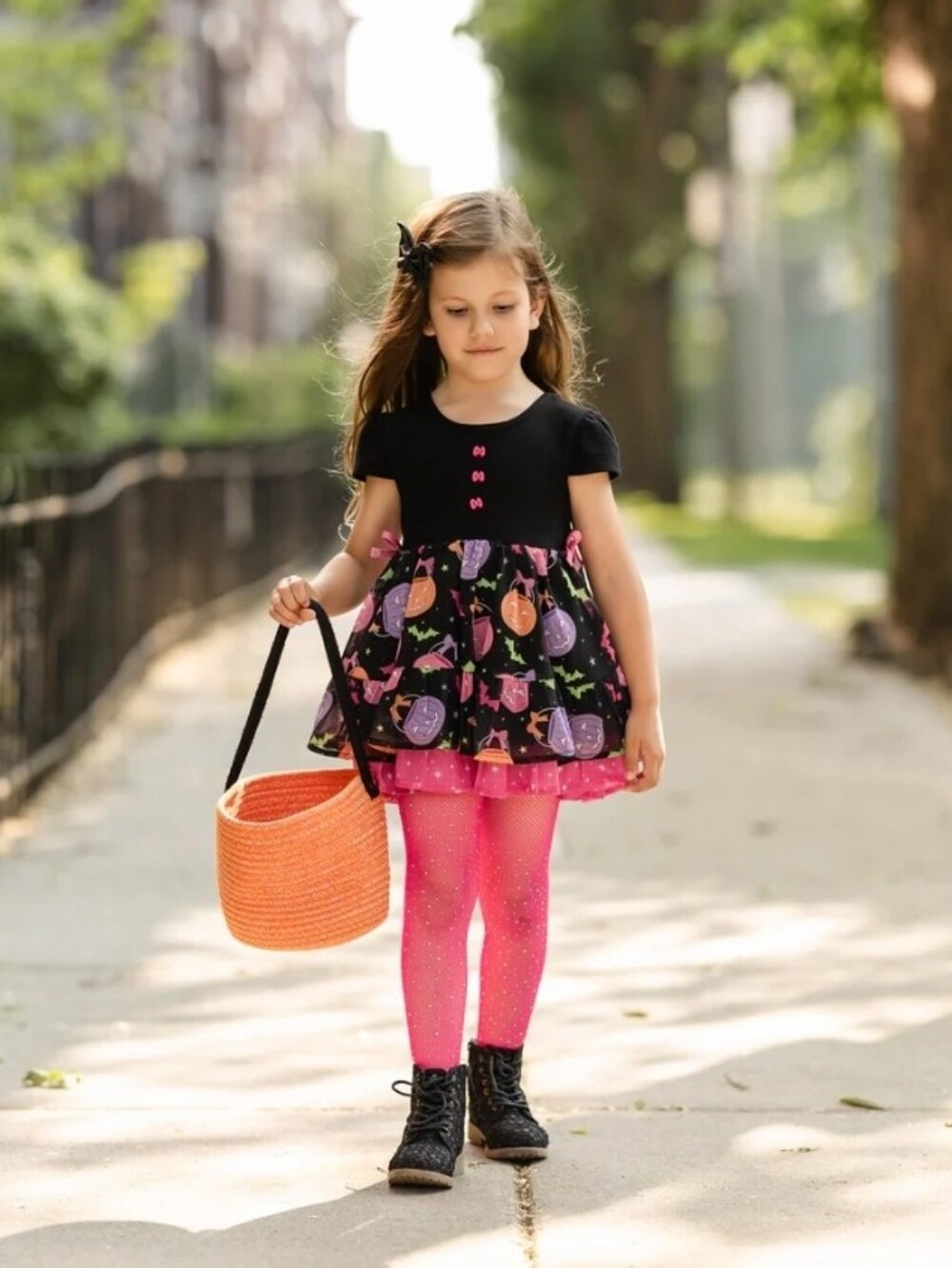 New Girls Black Halloween Print Costume Dress with Pink Tights